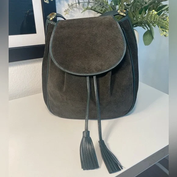 Rare Bottega Veneta Green Suede & Leather Drawstring Bag - Picture 5 of 14